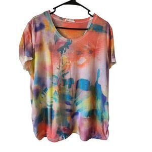 Dawn Davis Womens Large Watercolor Wearable Art Blouse Shirt Pink Tie Dye